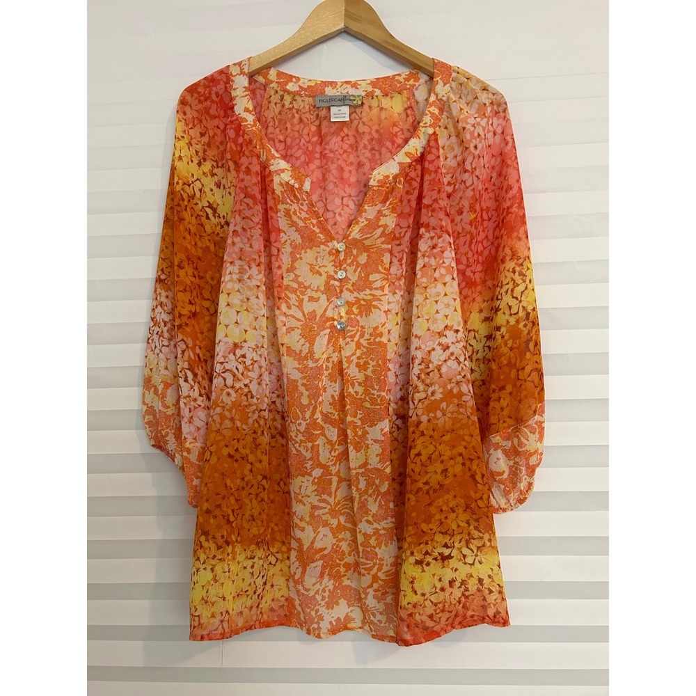 Figueroa & Flower Womens 2X Boho Sheer Floral Ombre‎ Chiffon Blouse 3/4 Sleeve